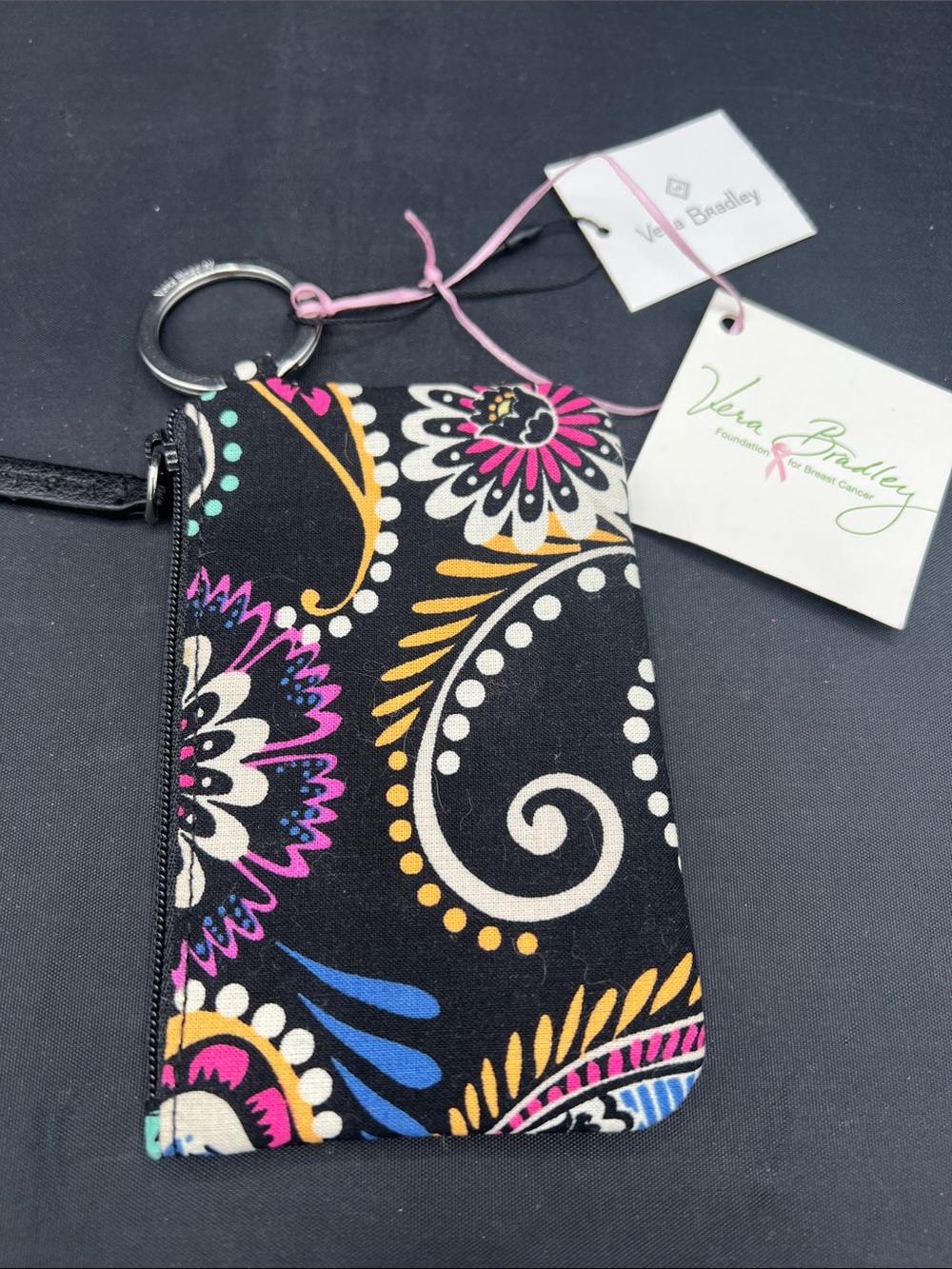 Vera Bradley Black Multi Paisley Zip Key Pouch with Ring ID case